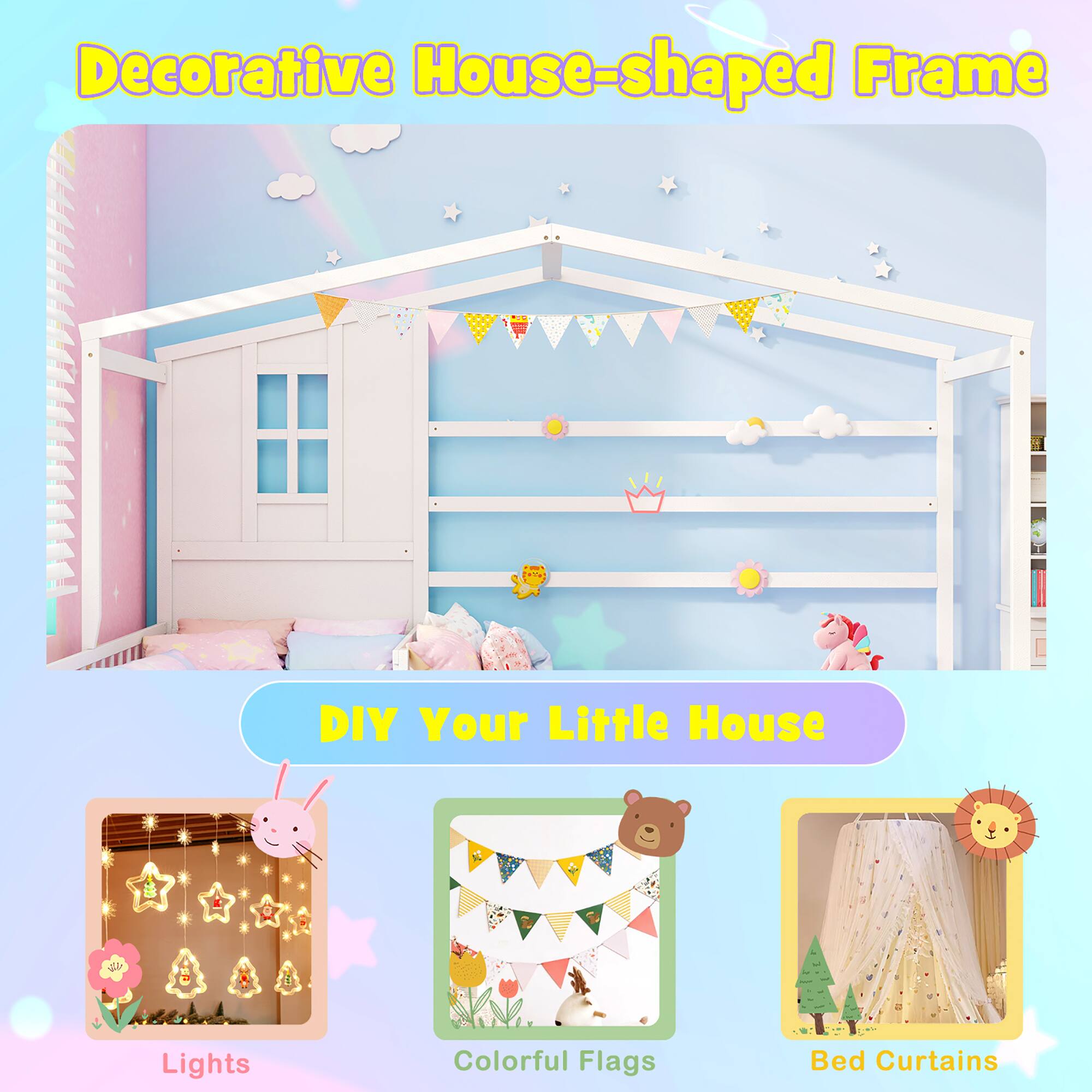 Decorative House-shaped Frame, DIY Your Little House, Lights, Colorful Flags, Bed Curtains