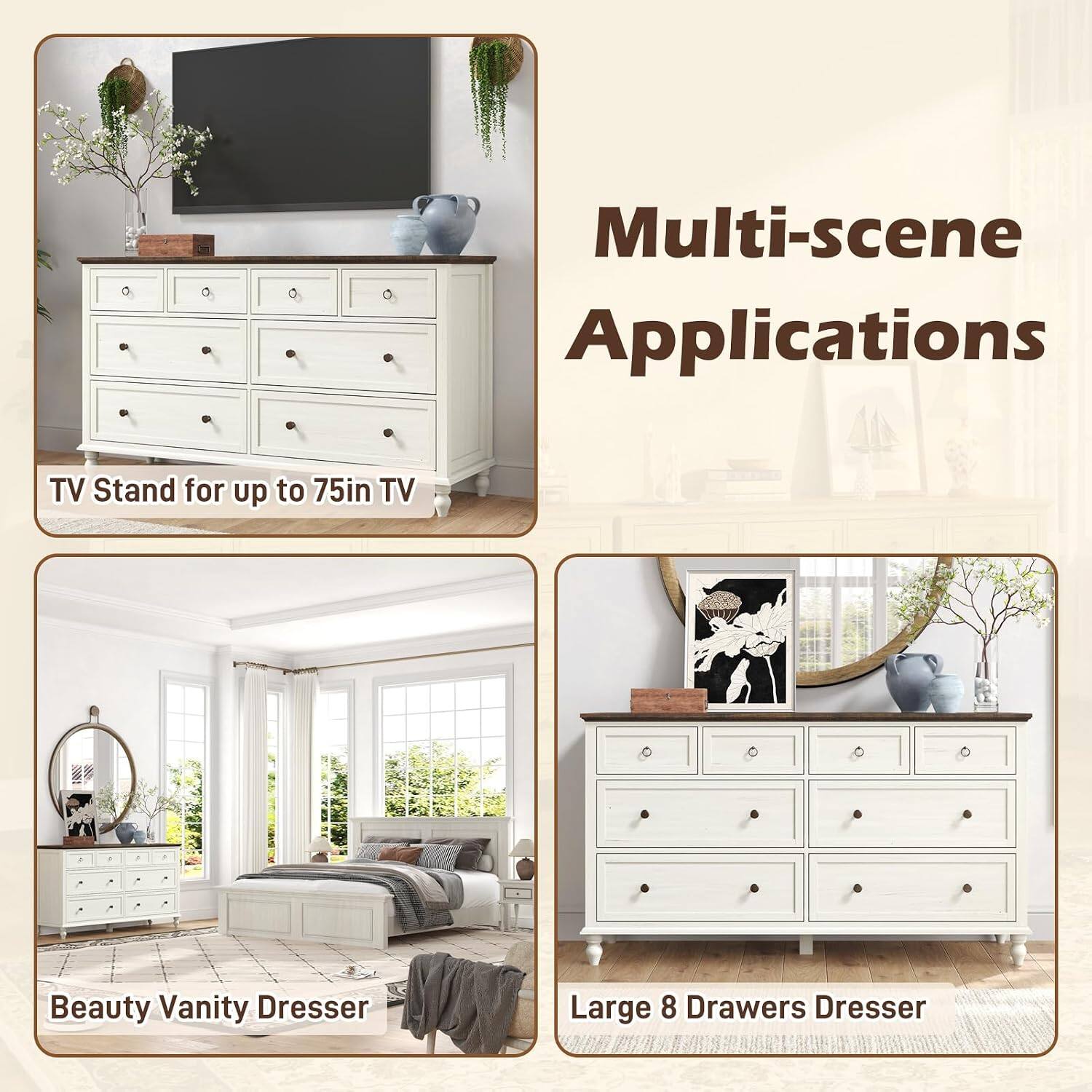 Multi-scene Applications TV Stand for up to 75in TV Beauty Vanity Dresser Large 8 Drawers Dresser