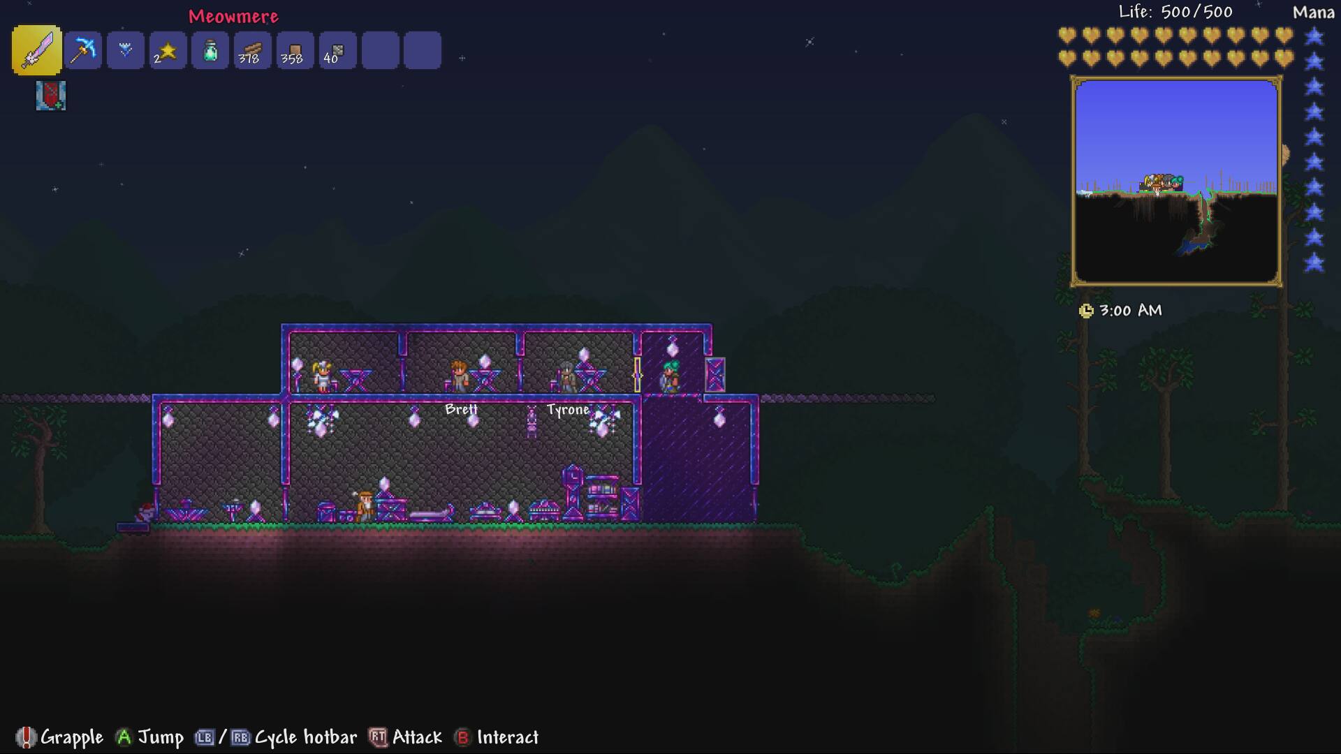 Meowmere  
Life: 500/500  
Mana: 378/358  
3:00 AM  

Brett  
Tyrone  

Grapple A  
Jump  
LE / RE Cycle hotbar  
RT Attack  
B Interact