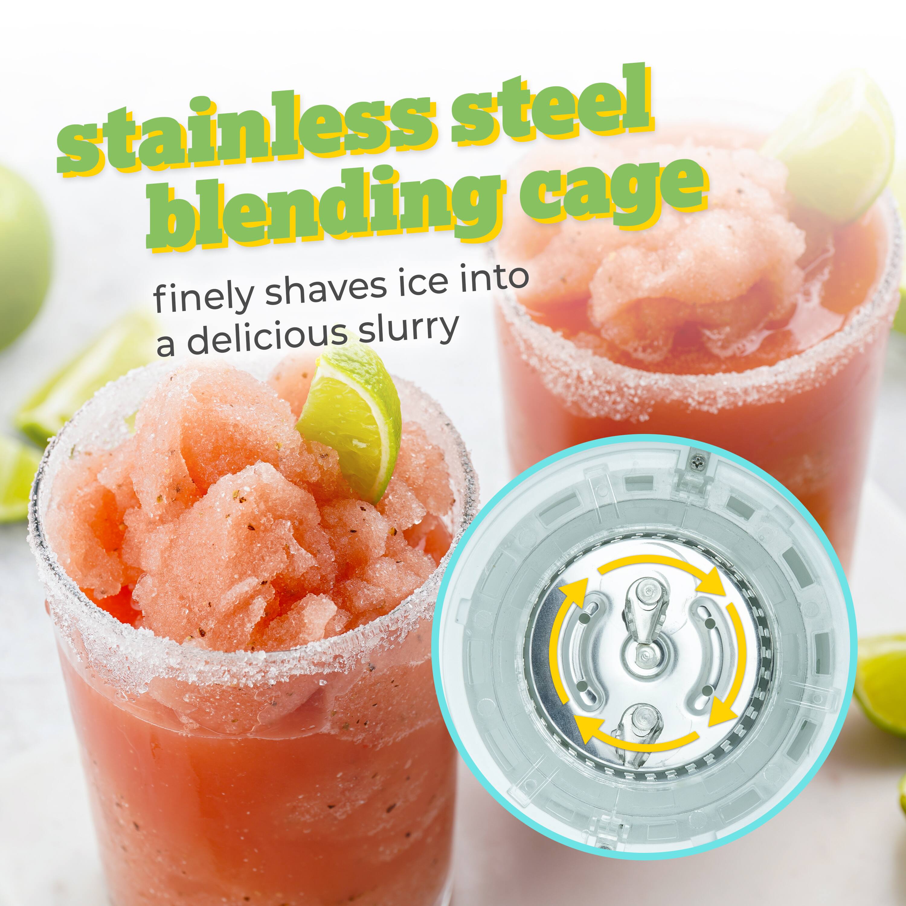 stainless steel blending cage finely shaves ice into a delicious slurry