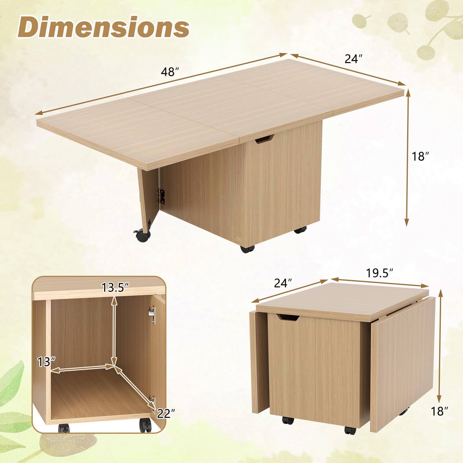 Dimensions:  
- Table: 48" x 24" x 18"  
- Cabinet: 24" x 19.5" x 18"  
- Drawer: 13.5" x 13" x 22"