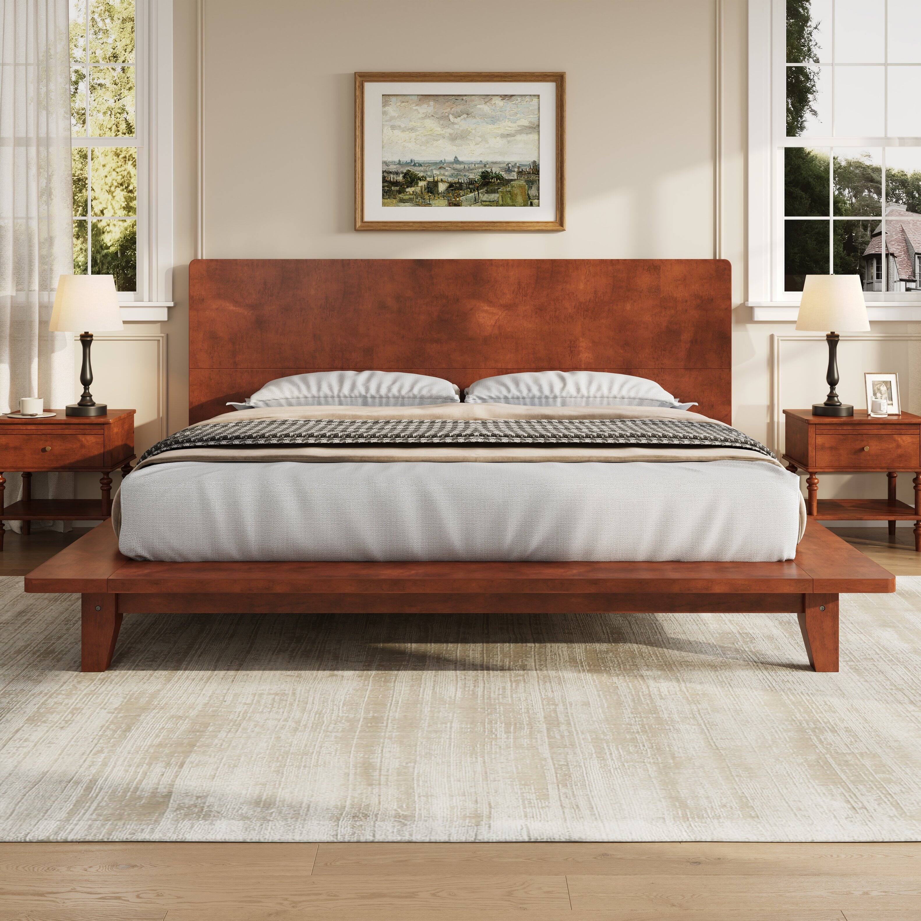 Left. Whisen - Wood Platform Bed Frame with Headboard, Sturdy Bed Support for Bedroom - Brown.