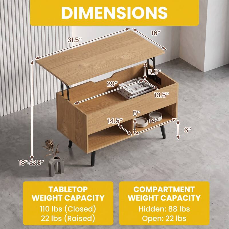 DIMENSIONS
31.5"
16"
5.5"
29"
DESK
13.5"
14.5"
5"
14"
6"
18"-23.5"

TABLETOP WEIGHT CAPACITY
110 lbs (Closed)
22 lbs (Raised)

COMPARTMENT WEIGHT CAPACITY
Hidden: 88 lbs
Open: 22 lbs