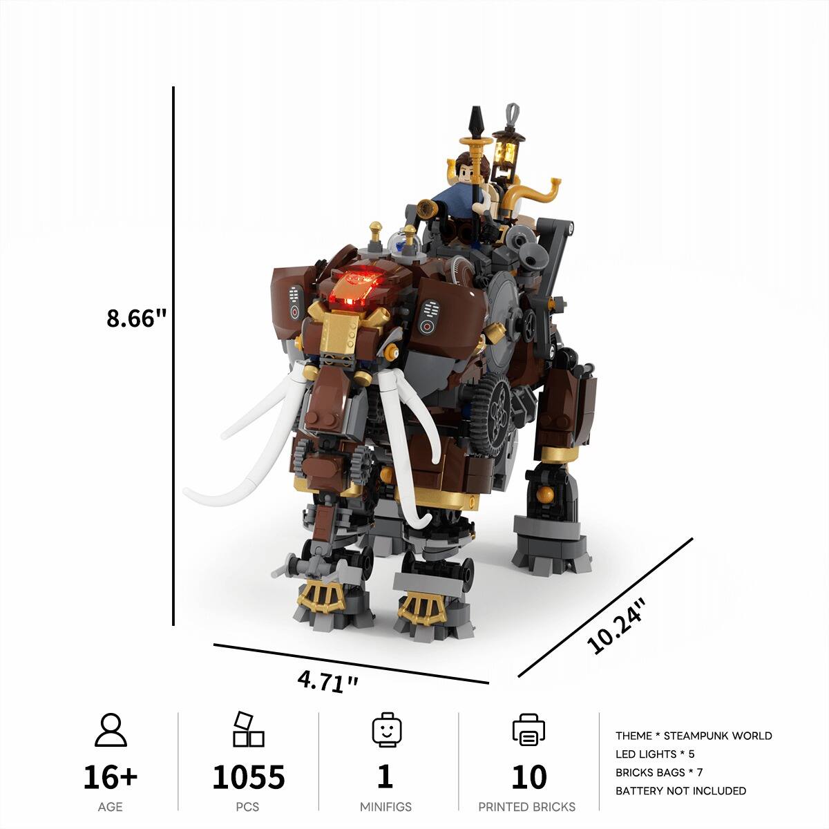 8.66"  
4.71"  
10.24"  
THEME: STEAMPUNK WORLD  
16+ AGE  
1055 PCS  
1 MINIFIGS  
10 PRINTED BRICKS  
LED LIGHTS 5 BRICKS BAGS* 7 BATTERY NOT INCLUDED