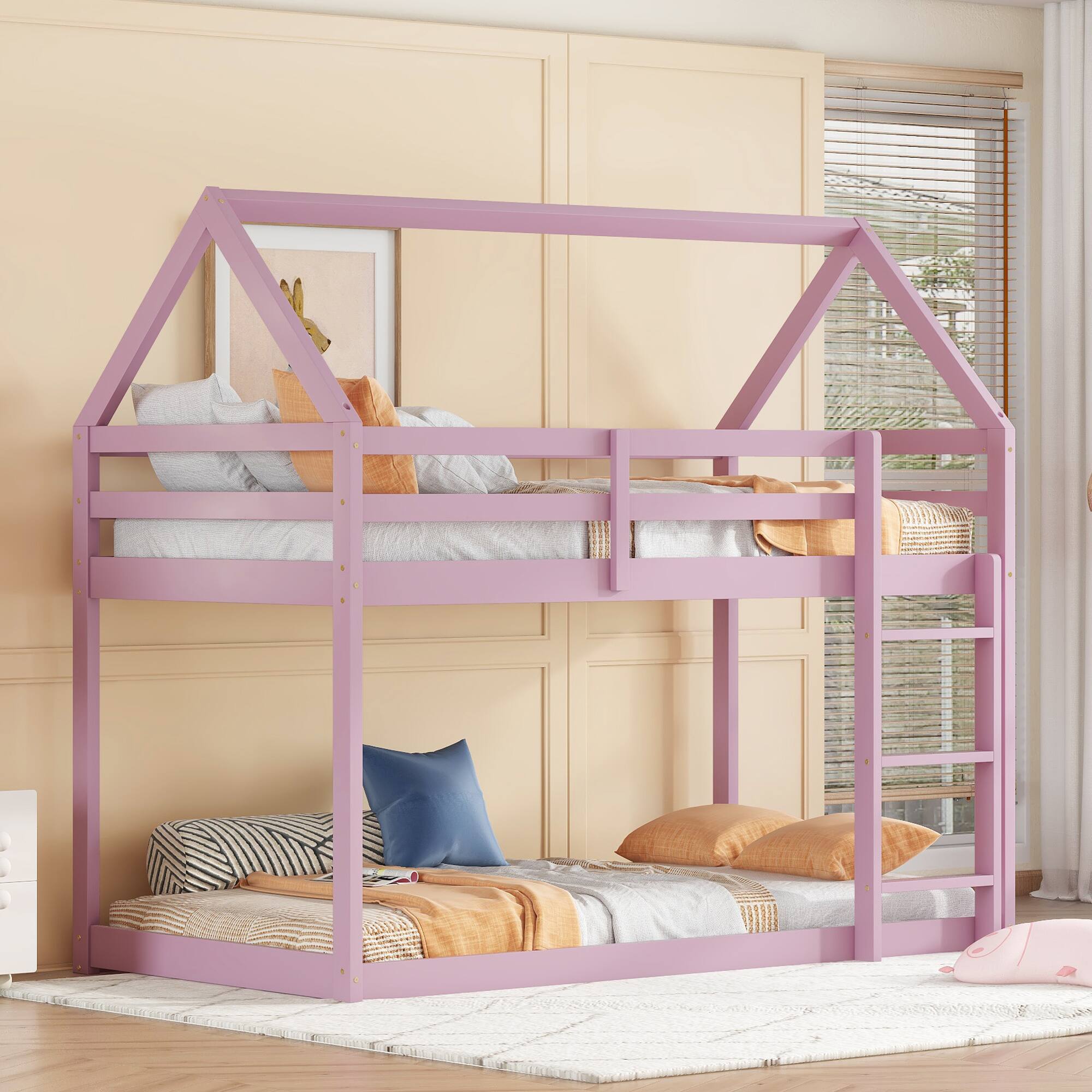 Alt View 7. Spaco - Spaco Twin over Twin Bunk Bed with Ladder, Rubber Wood Floor, Guardrails, House-Shaped-Bunk Bed, for Bedroom Kids Room - Pink.