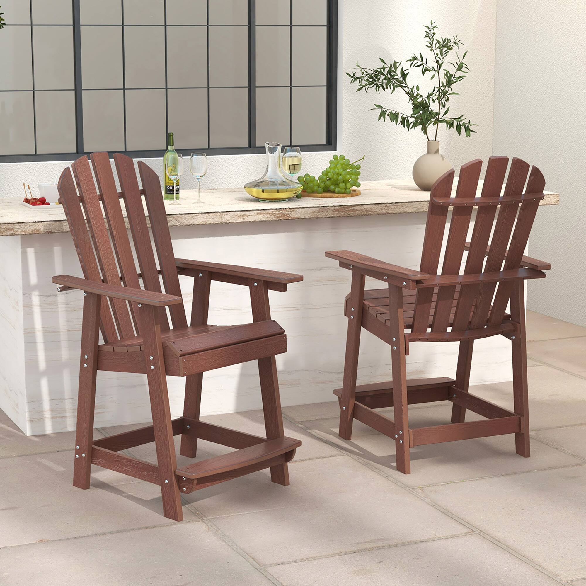 Alt View 1. Gymax - Gymax 2 PCS Bar Stool HDPE Patio Chair w/ Armrest Footrest Home Indoor Outdoor Brown - Brown.