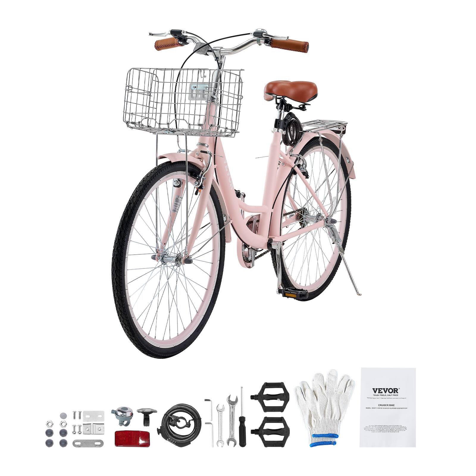 Alt View 5. VEVOR - Cruiser Bike, 1-Speed, 26-Inch Pink Beach Cruiser Bike with Large Capacity Basket and Rear Rack - Pink.