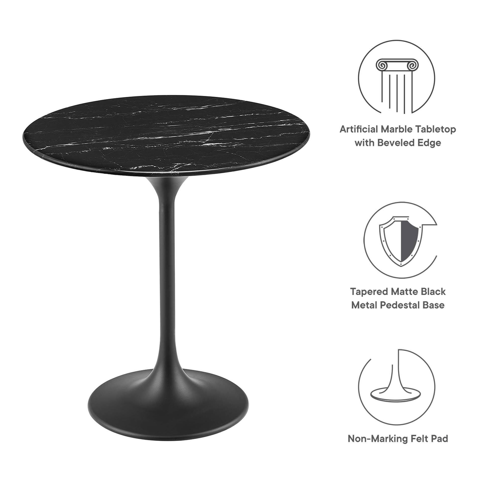 Artificial Marble Tabletop with Beveled Edge  
Tapered Matte Black Metal Pedestal Base  
Non-Marking Felt Pad