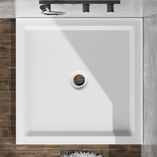 Left. JUJABU - 36"x36" Shower Base 3.3" Height Anti-slip Acrylic Center Drain Double Threshold Shower Basin in White - White.