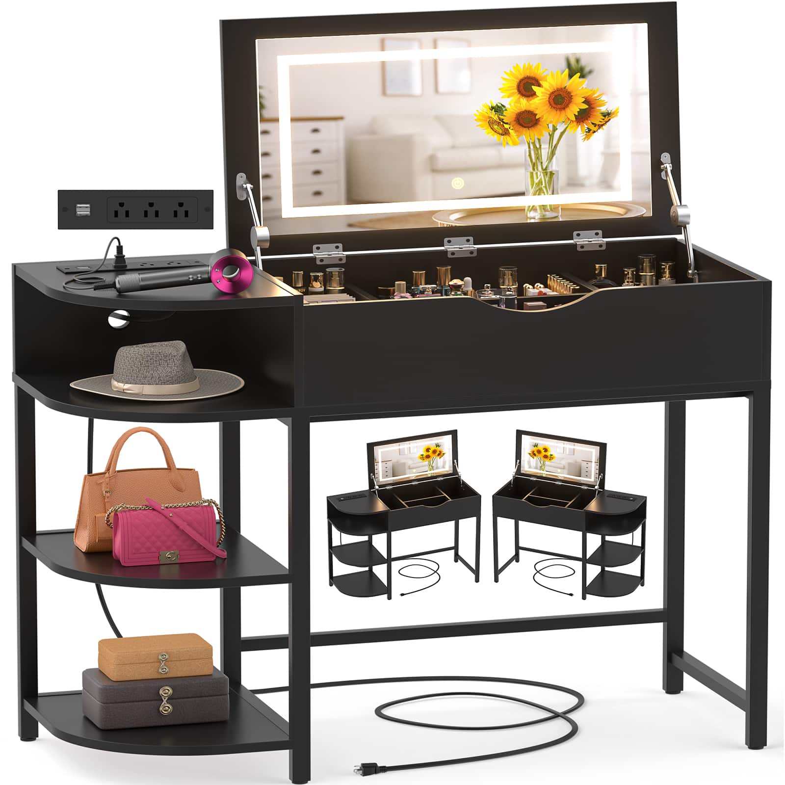 Aheaplus - 2-in-1 Makeup Vanity Desk with Flip Top Mirror and Lights - Black