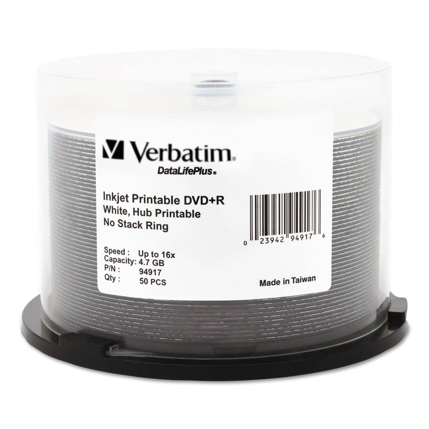 Verbatim  
DataLifePlus  
Inkjet Printable DVD+R  
White, Hub Printable  
No Stack Ring  

Speed: Up to 16x  
Capacity: 4.7 GB  
P/N: 94917  
Qty: 50 PCS  

Made in Taiwan  

0 23942 94917 6