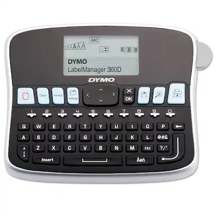 Sure, here is the corrected and grouped text from the image:
**Top Display:**
- AAAA
- ABC
- DYMO LabelManager 360D
**Buttons:**
- Clear
- Format
- Settings
- OK
- Insert
**Keyboard:**
- 1 2 3 4 5 6 7 8 9 0
- Q W E R T Y U I O P
- A S D F G H J K L
- Z X C V B N M
- €£
- ?/
- Insert
- A a
- ΕΣΗ (Greek letters)