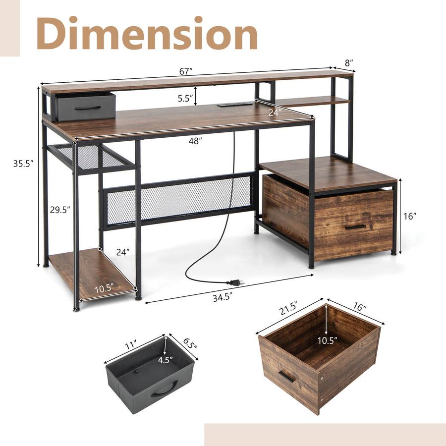 Costway Computer Desk with Monitor Stand and File Drawer 67