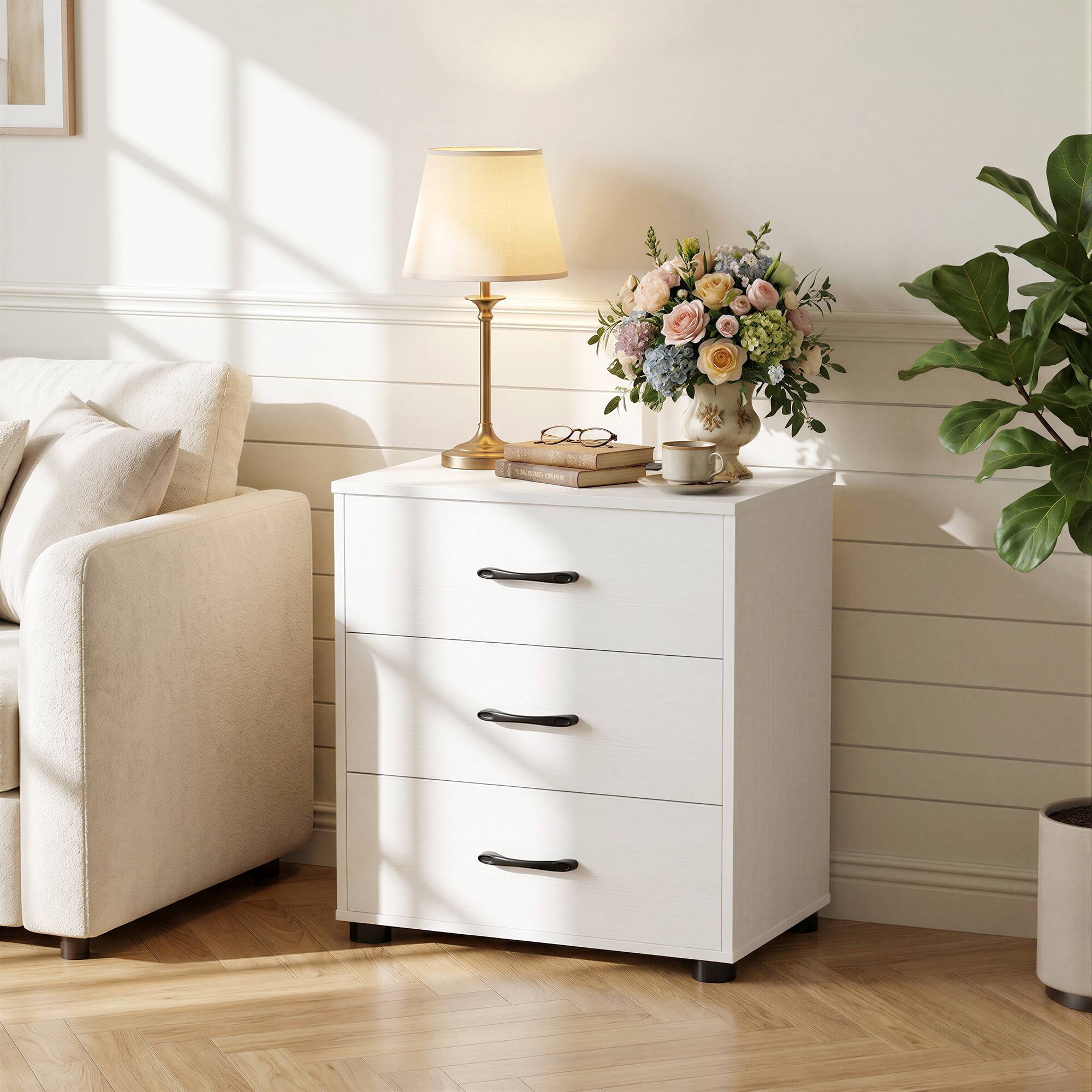 Alt View 3. Aheaplus - Nightstand with 3 Drawers and Charging Station, 21.6'' Wide Bedside for Storage - White.