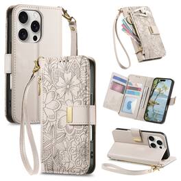 UUCOVER - Floral PU Leather Wallet Case for iPhone 16 Pro Max with Zipper Pocket, Card Slots,Shoulder & Wrist Strap, Stand Cover - Beige