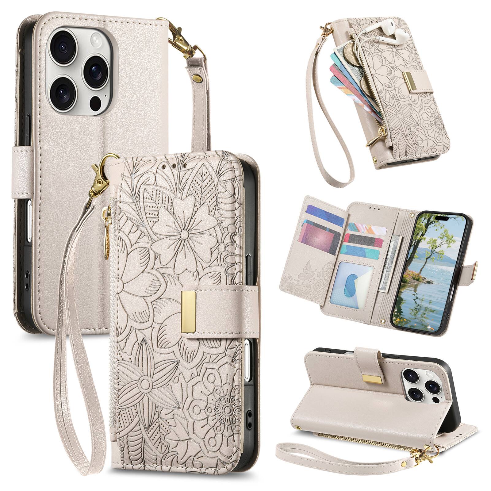 Angle. Dteck - Floral Embossed Leather Zipper Cash Slot Wallet Case for Apple iPhone 16 Pro Max with Detachable Strap - Beige.