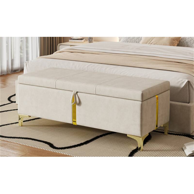 Back. HTUTWOO - Storage Ottoman Bench for Bedroom Living Room - Upholstered Storage Bench with Metal Legs, Fully Assembled Except Legs - Beige.