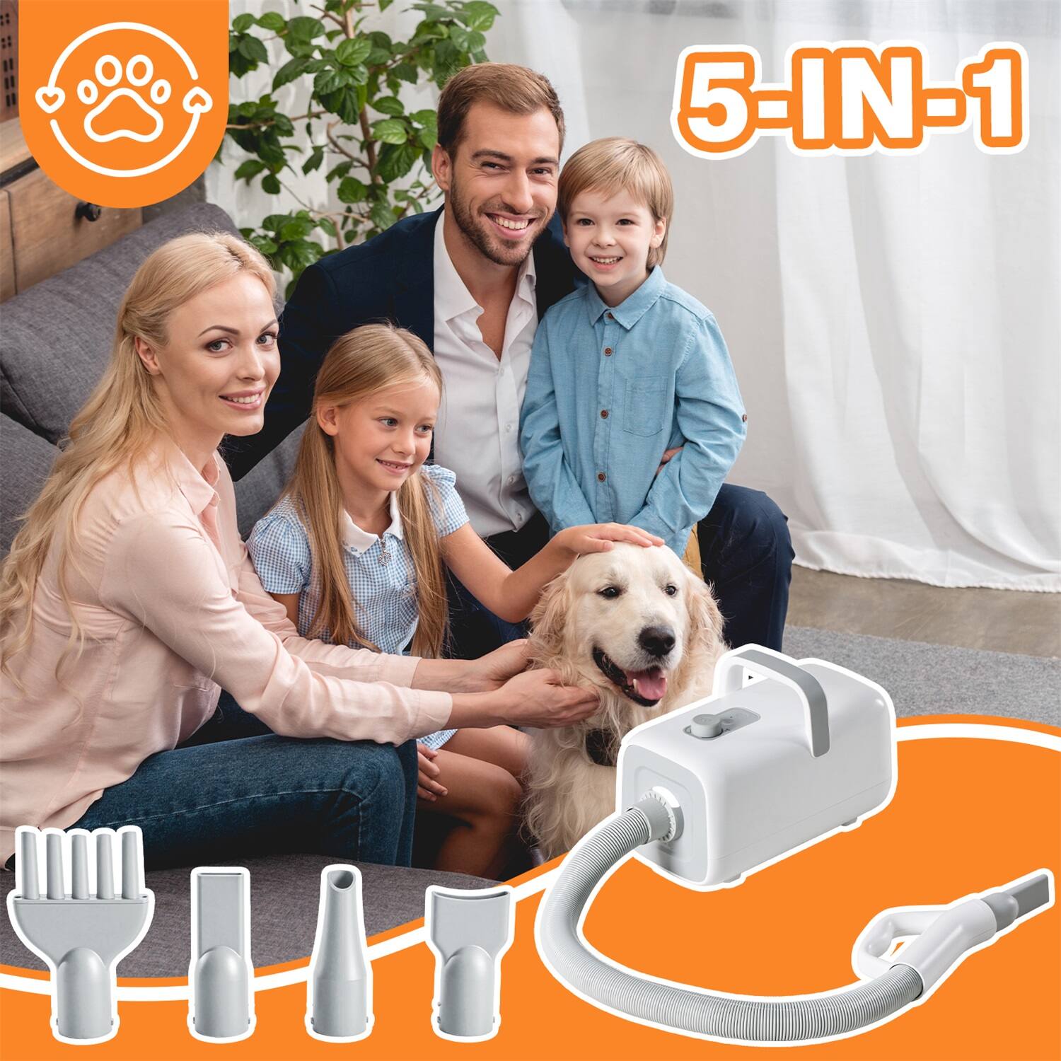 Back. Sweet - High Velocity Dog Hair Drye, 1500W Adjustable Temp and Speed Pet Dryers with 4 Nozzles and a Comb, White.