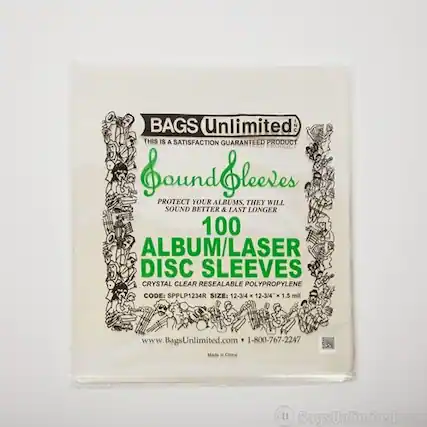 BAGS Unlimited INC
THIS IS A SATISFACTION GUARANTEED PRODUCT
BoundCleeves
PROTECT YOUR ALBUMS, THEY WILL SOUND BETTER & LAST LONGER
100 ALBUM/LASER DISC SLEEVES
CRYSTAL CLEAR RESEALABLE POLYPROPYLENE
CODE: SPPLP1234R
SIZE: 12-3/4 x 12-3/4 x 1.5 mil
www.BagsUnlimited.com
1-800-767-2247
Made in China
www.BagsUnlimited.com