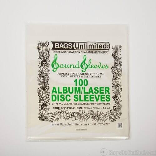BAGS Unlimited INC  
THIS IS A SATISFACTION GUARANTEED PRODUCT  

BoundCleeves  
PROTECT YOUR ALBUMS, THEY WILL SOUND BETTER & LAST LONGER  

100 ALBUM/LASER DISC SLEEVES  
CRYSTAL CLEAR RESEALABLE POLYPROPYLENE  

CODE: SPPLP1234R  
SIZE: 12-3/4 x 12-3/4 x 1.5 mil  

www.BagsUnlimited.com  
1-800-767-2247  

Made in China  

www.BagsUnlimited.com