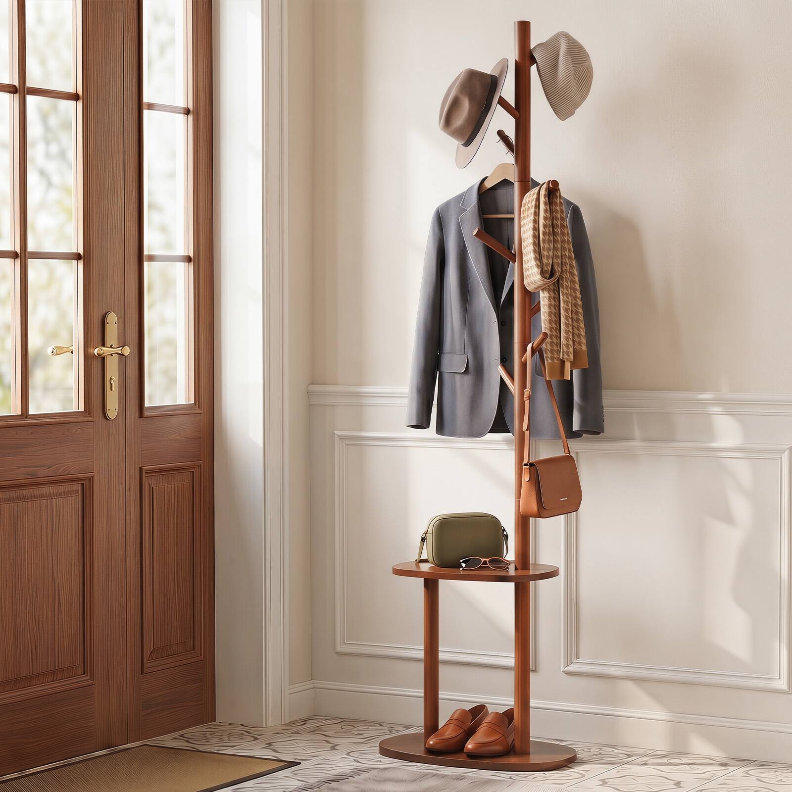 Alt View 3. Costway - Costway Coat Rack, Freestanding Hall Tree with 8 Rubber Wood Hooks and 2 Storage Shelves - Walnut.