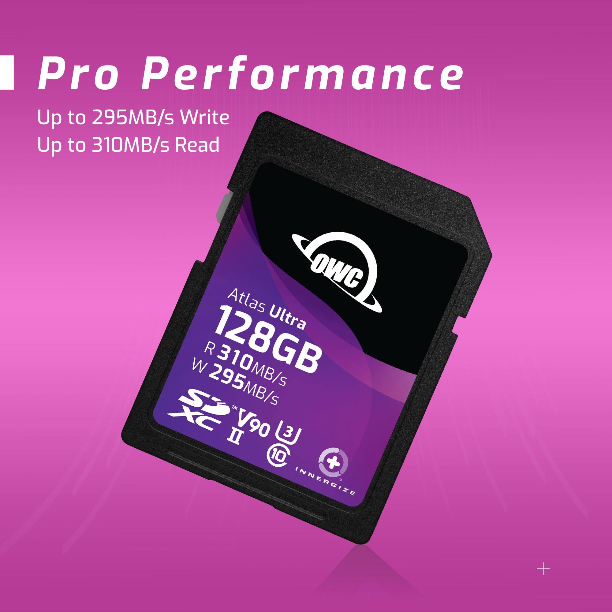 Pro Performance  
Up to 295MB/s Write  
Up to 310MB/s Read  

OWC Atlas Ultra  
128GB  
R 310MB/s  
W 295MB/s  

XC II  
V90  
10  

NERGIZE