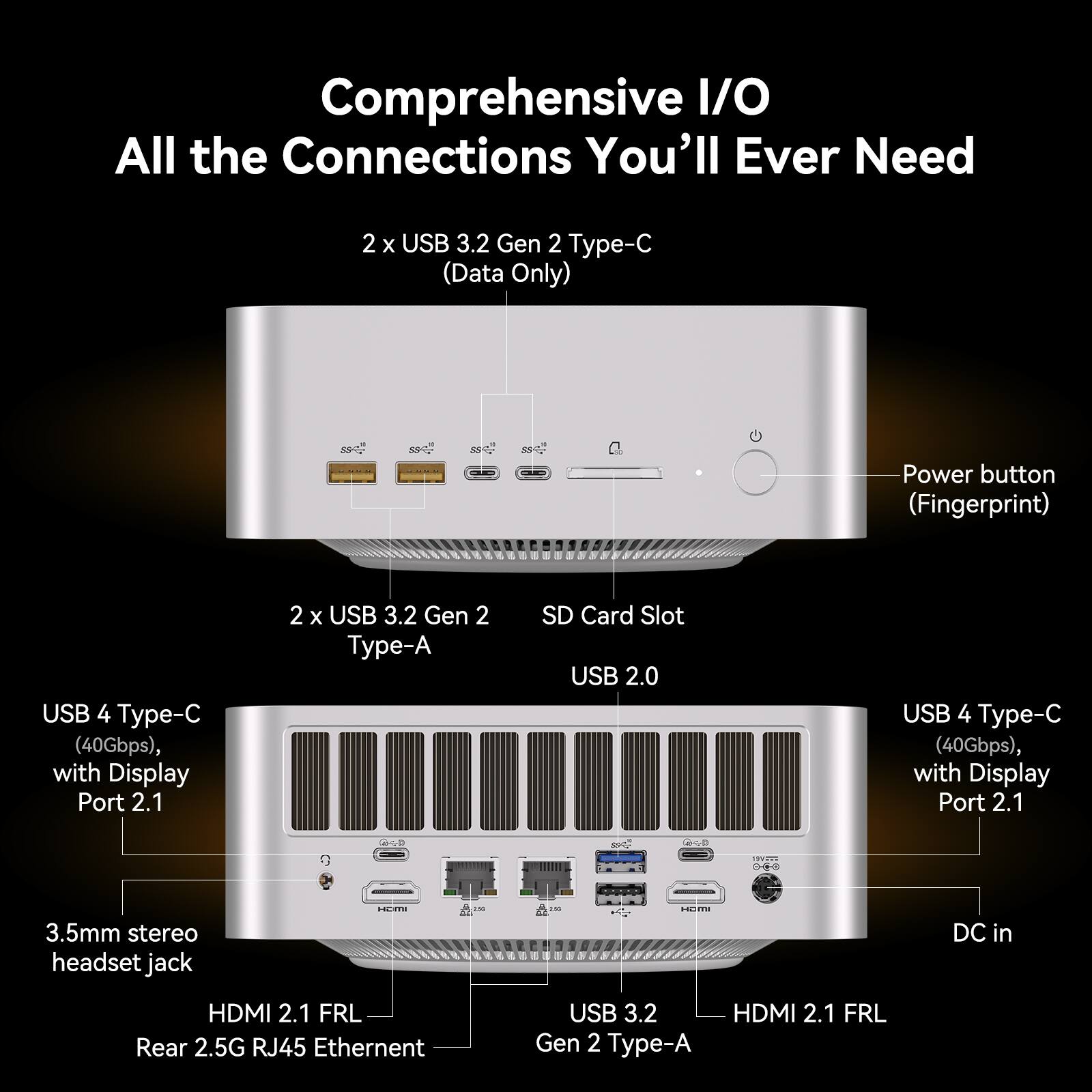 Comprehensive I/O  
All the Connections You'll Ever Need

- 2 x USB 3.2 Gen 2 Type-C (Data Only)
- 2 x USB 3.2 Gen 2 Type-A
- SD Card Slot
- USB 2.0
- USB 4 Type-C (40Gbps), with Display Port 2.1
- 3.5mm stereo headset jack
- HDMI 2.1 FRL
- Rear 2.5G RJ45 Ethernet
- USB 3.2 Gen 2 Type-A
- DC in