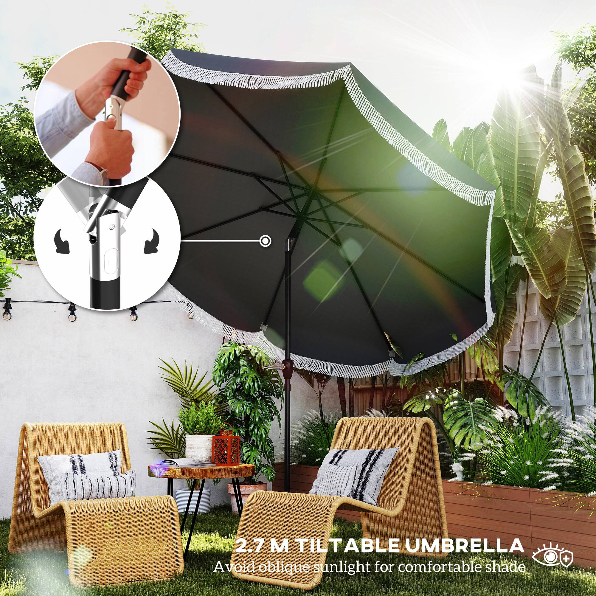 2.7 M TILTABLE UMBRELLA
Avoid oblique sunlight for comfortable shade