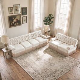 Anysun - Chesterfield Upholstered 2‑Piece Sofa Set, 1Pc 2-Seater & 1Pc 4-Seater Button-Tufted Velvet Couch with Tassel Skirt - Beige