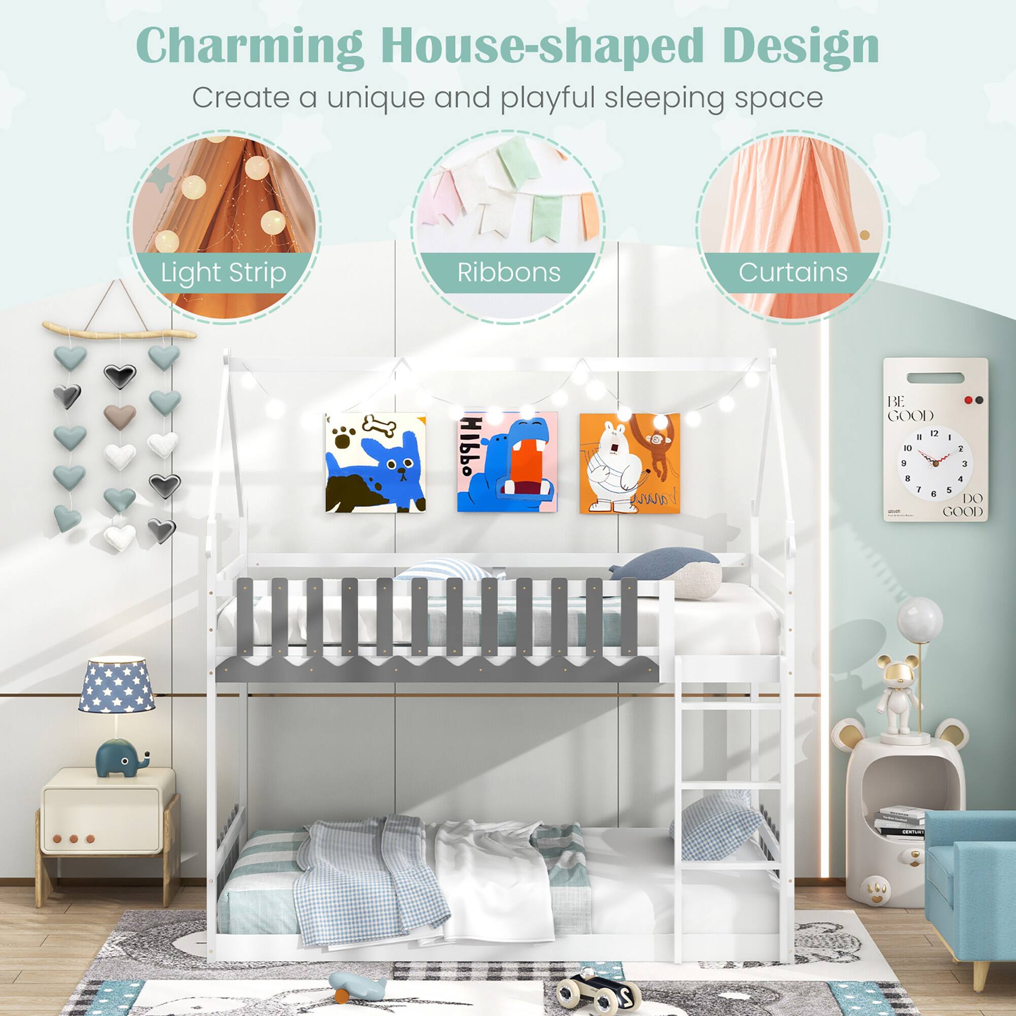 Charming House-shaped Design, Create a unique and playful sleeping space, Light Strip, Ribbons, Curtains