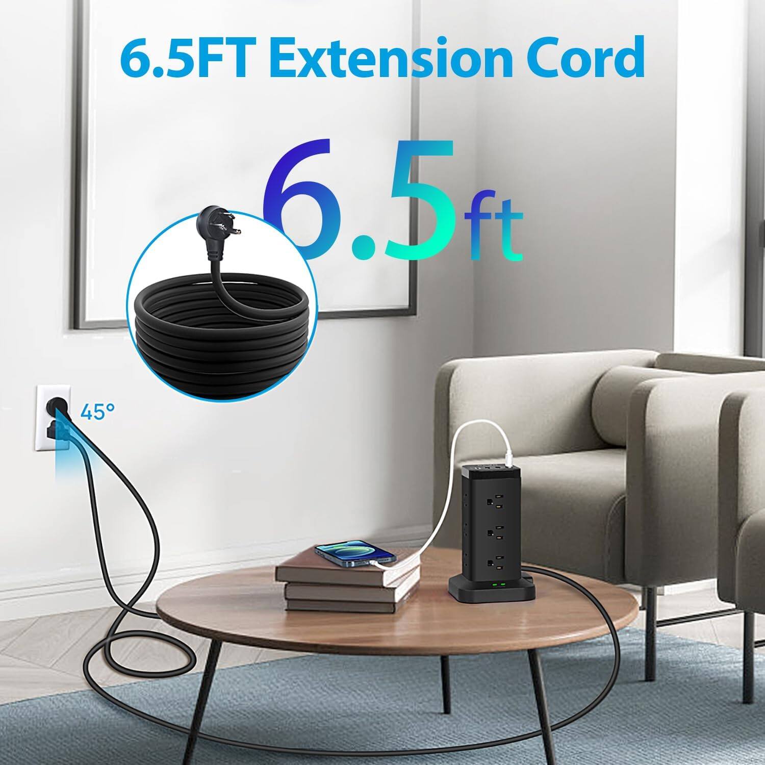 6.5FT Extension Cord  
6.5ft  
45°