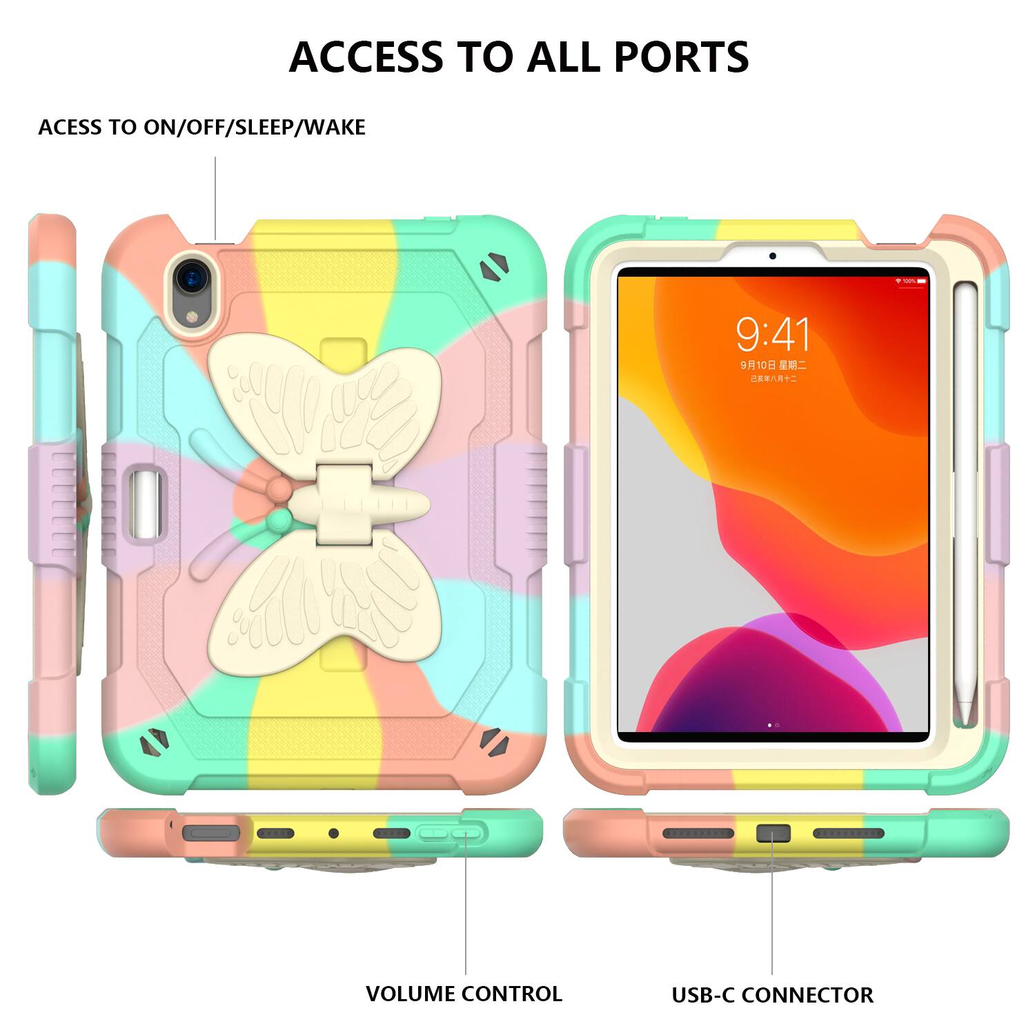 ACCESS TO ALL PORTS  
ACCESS TO ON/OFF/SLEEP/WAKE  
9:41  
9/10  
VOLUME CONTROL  
USB-C CONNECTOR