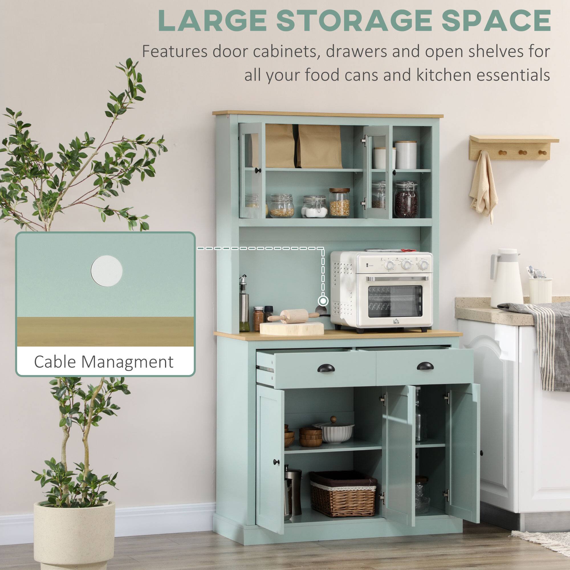 LARGE STORAGE SPACE
Features door cabinets, drawers and open shelves for all your food cans and kitchen essentials
Cable Management