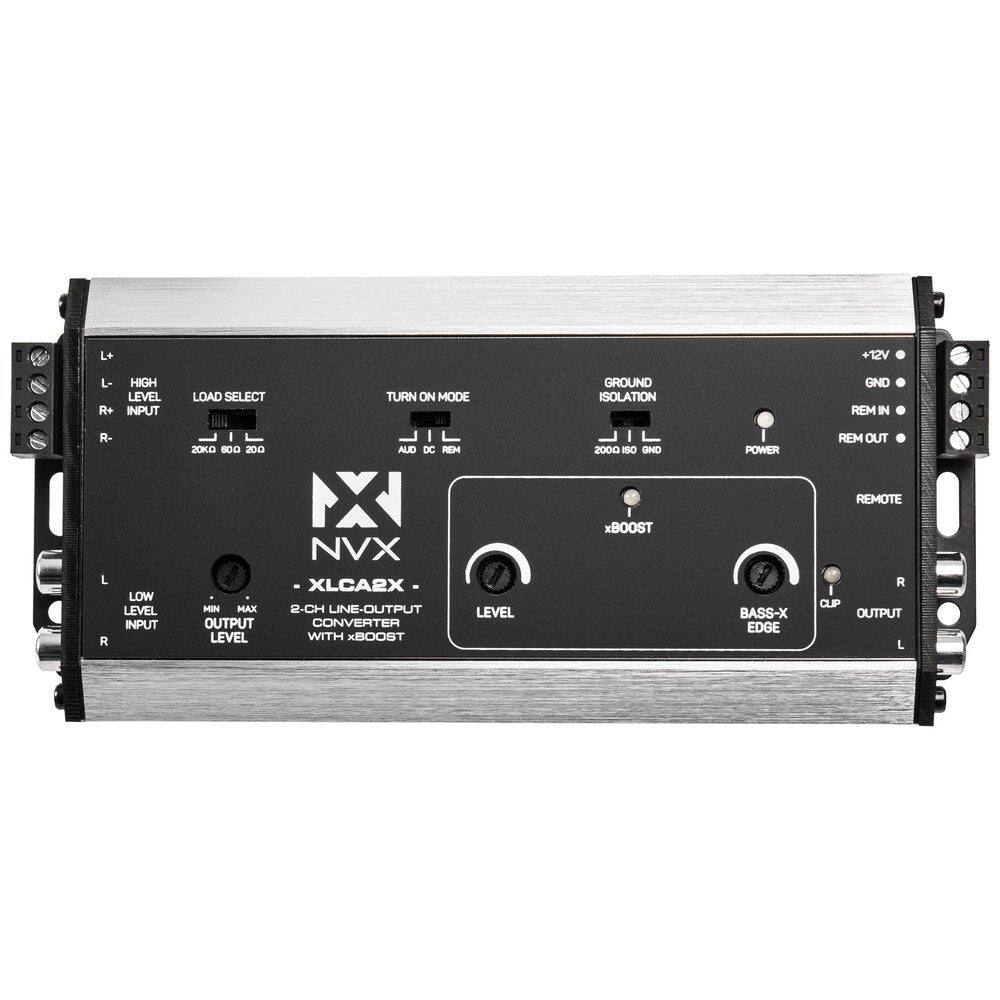 L+ HIGH LEVEL INPUT  
L- HIGH LEVEL INPUT  
R+ INPUT LOAD SELECT  
R- LOW LEVEL INPUT  

20KΩ 60Ω GND  
20KΩ 60Ω GND  

TURN ON MODE  
AUX DC REM  

GROUND ISOLATION  
200Ω 60Ω GND  

POWER  

REMOTE  
REM IN  
REM OUT  

xBOOST  
LEVEL  

BASS-X EDGE  
CLIP  

OUTPUT  
L  
R  

NVX  
XLC2X  
2-CH LINE-OUTPUT CONVERTER WITH xBOOST