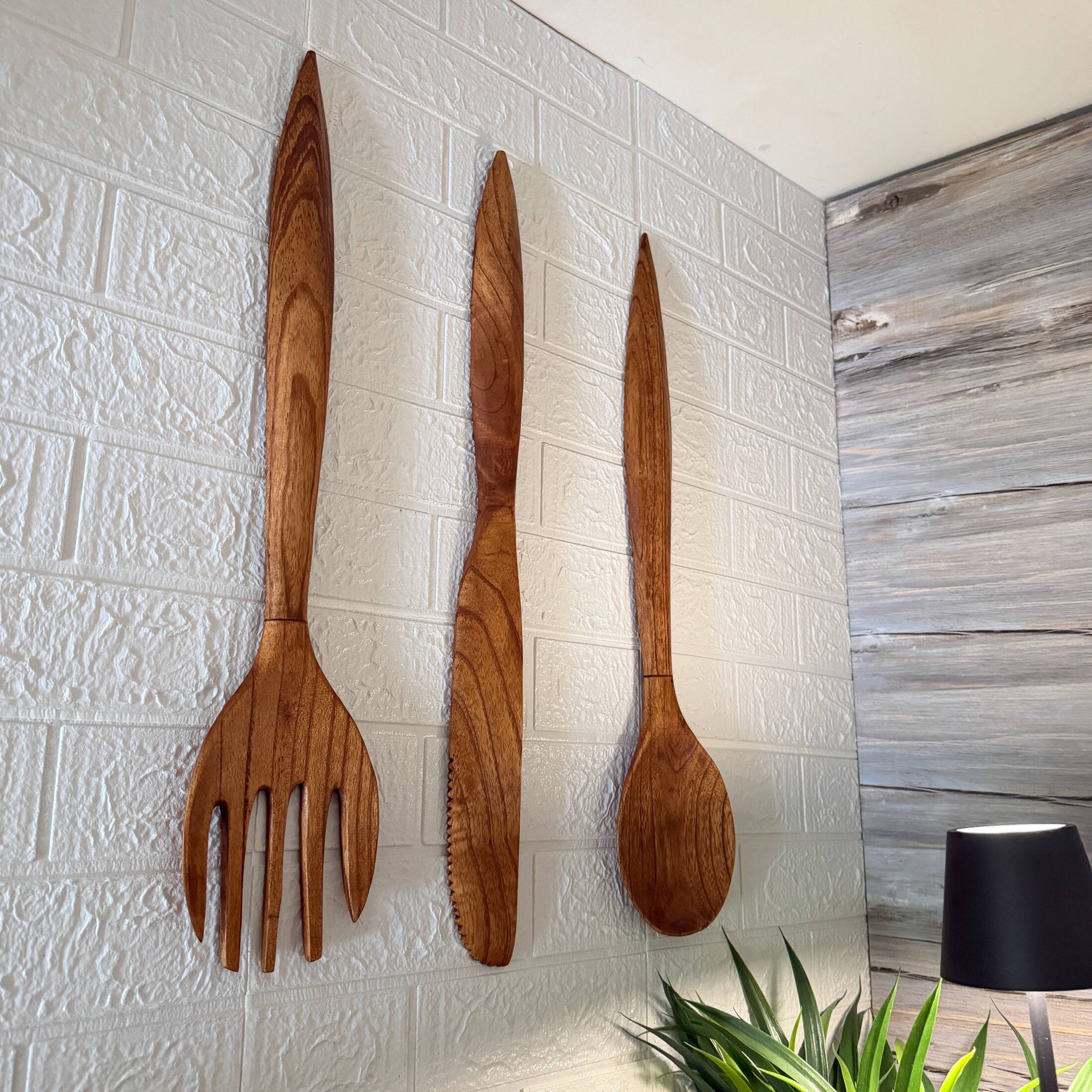 Alt View 3. Zeckos - Oversized Wooden Cutlery Wall Art Set Spoon Fork Knife 24 Inch Kitchen Decor - Natural.