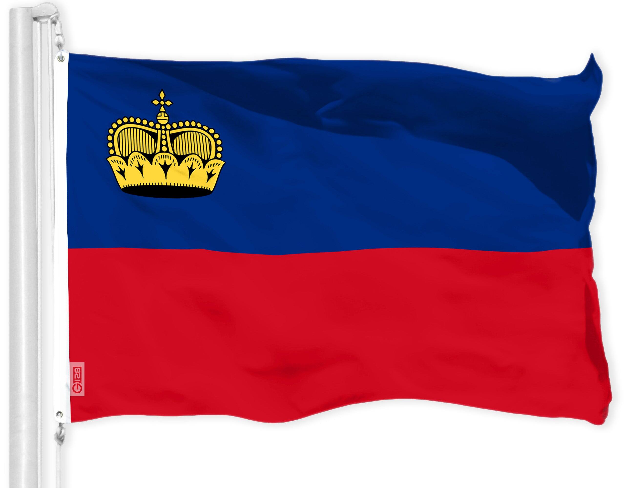 Front. G128 - Liechtenstein Flag 3x5 ft — 150D Heavy-Duty Polyester, Dye-Sublimated, Brass Grommets. - Assorted Colors.