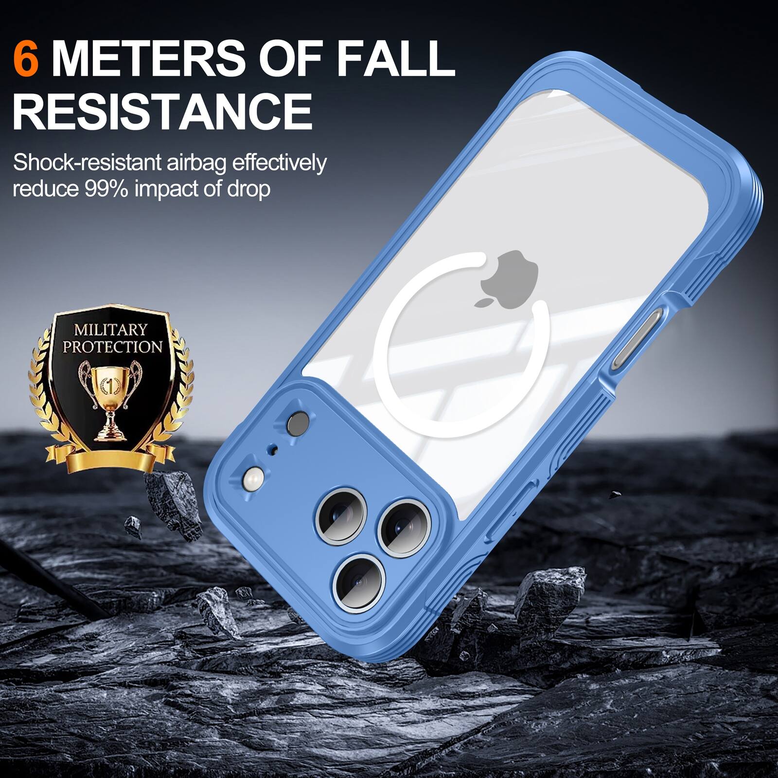 6 METERS OF FALL RESISTANCE  
Shock-resistant airbag effectively reduce 99% impact of drop  
MILITARY PROTECTION