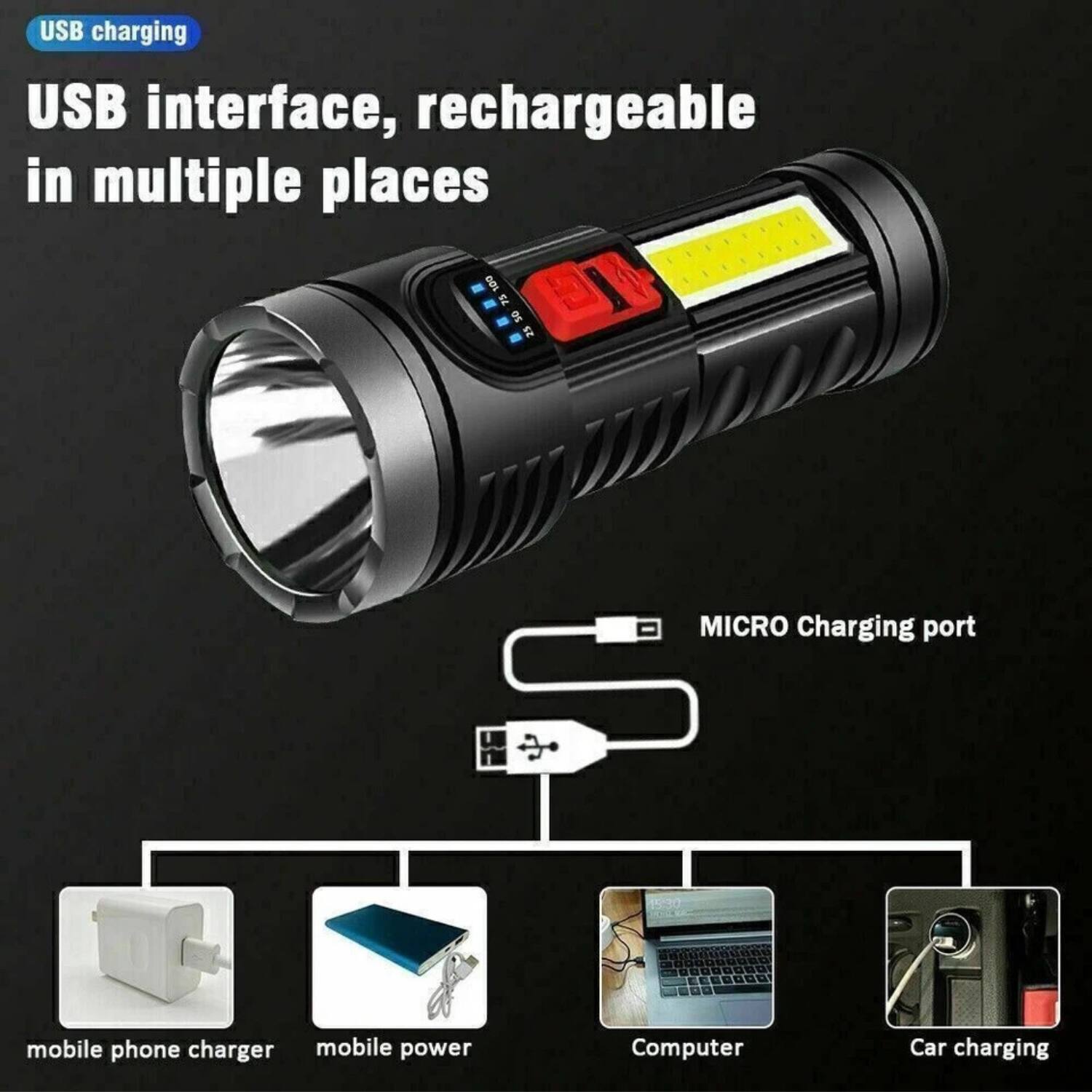 USB charging  
USB interface, rechargeable in multiple places  

MICRO Charging port  

- mobile phone charger  
- mobile power  
- Computer  
- Car charging