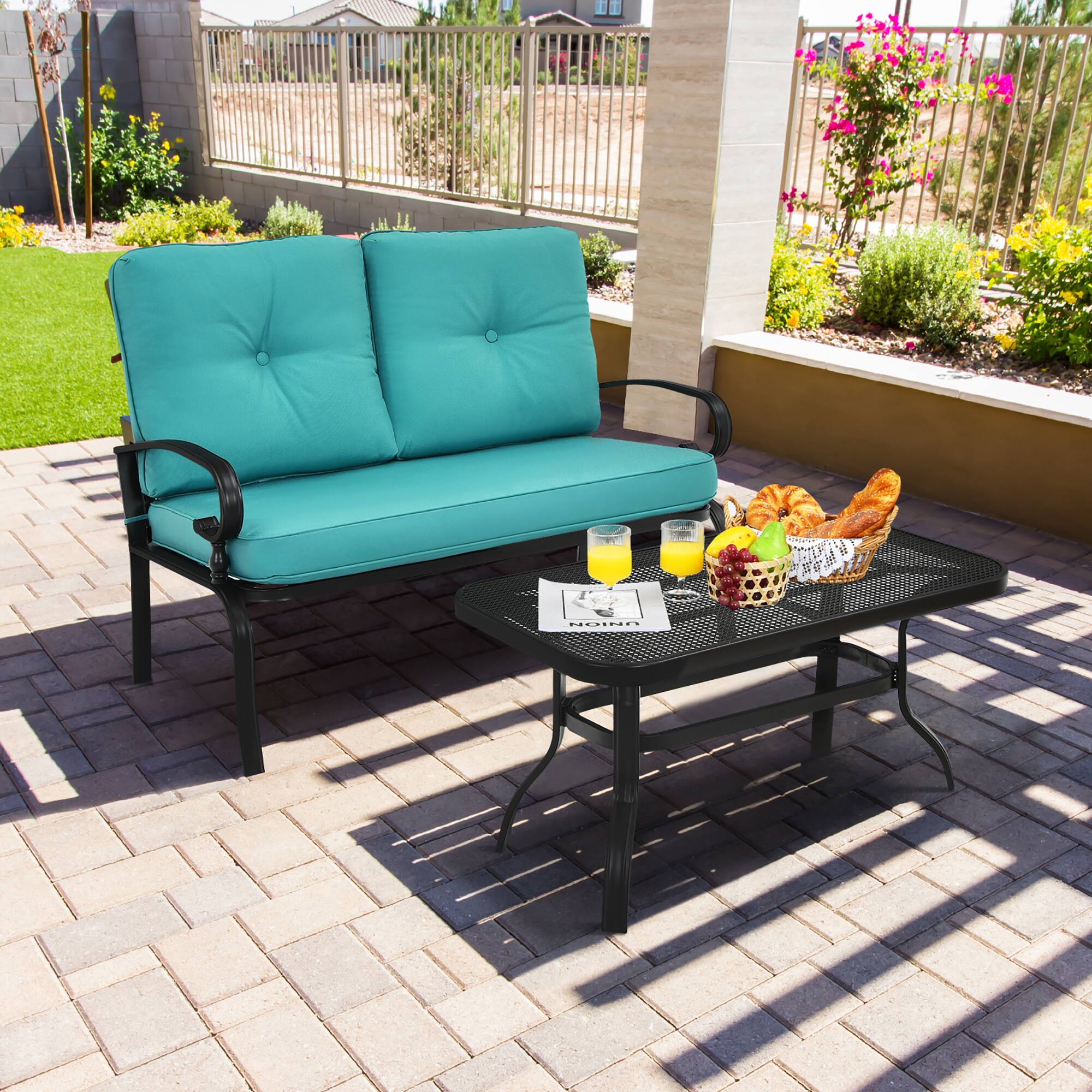 Alt View 1. Costway - Costway 2PCS Patio Loveseat Bench Table Furniture Set Cushioned Chair - Turquoise.