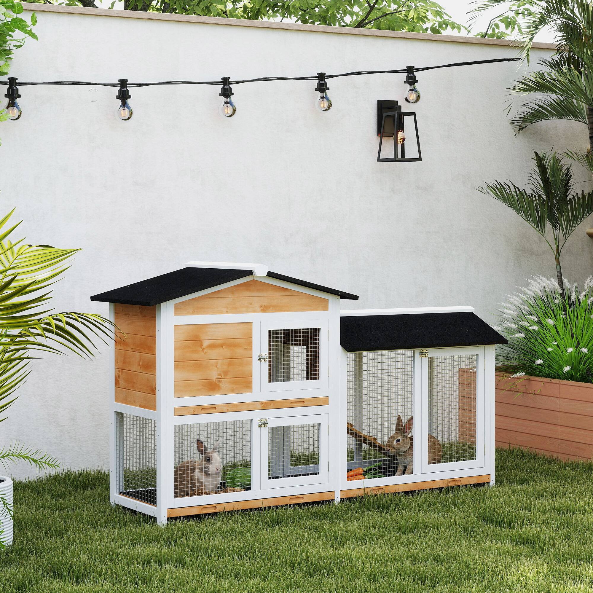 Angle. Pawhut - 62" Wooden Rabbit Hutch Guinea Pig Cage, Small Animal Enclosure with Run Area, Removable Tray, Asphalt Roof, Ramp.