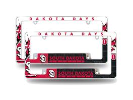 Rico Industries - University of South Dakota (Dakota Days) Coyotes (Set of 2) Chrome Metal License Plate Frames w/ Bold Full Frame Design - Multi