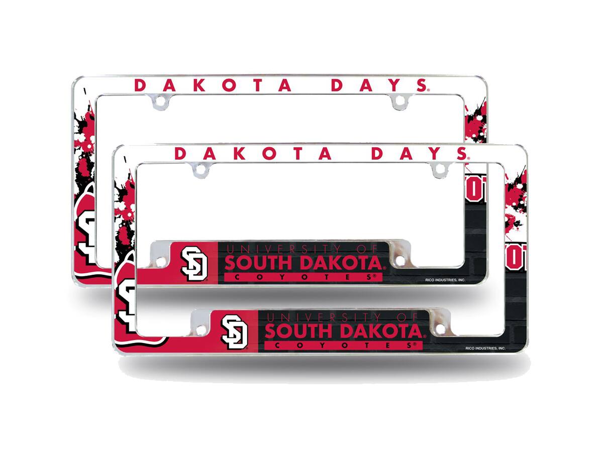 University of South Dakota (Dakota Days) Coyotes (Set of 2) Chrome Metal License Plate Frames w/ Bold Full Frame Design