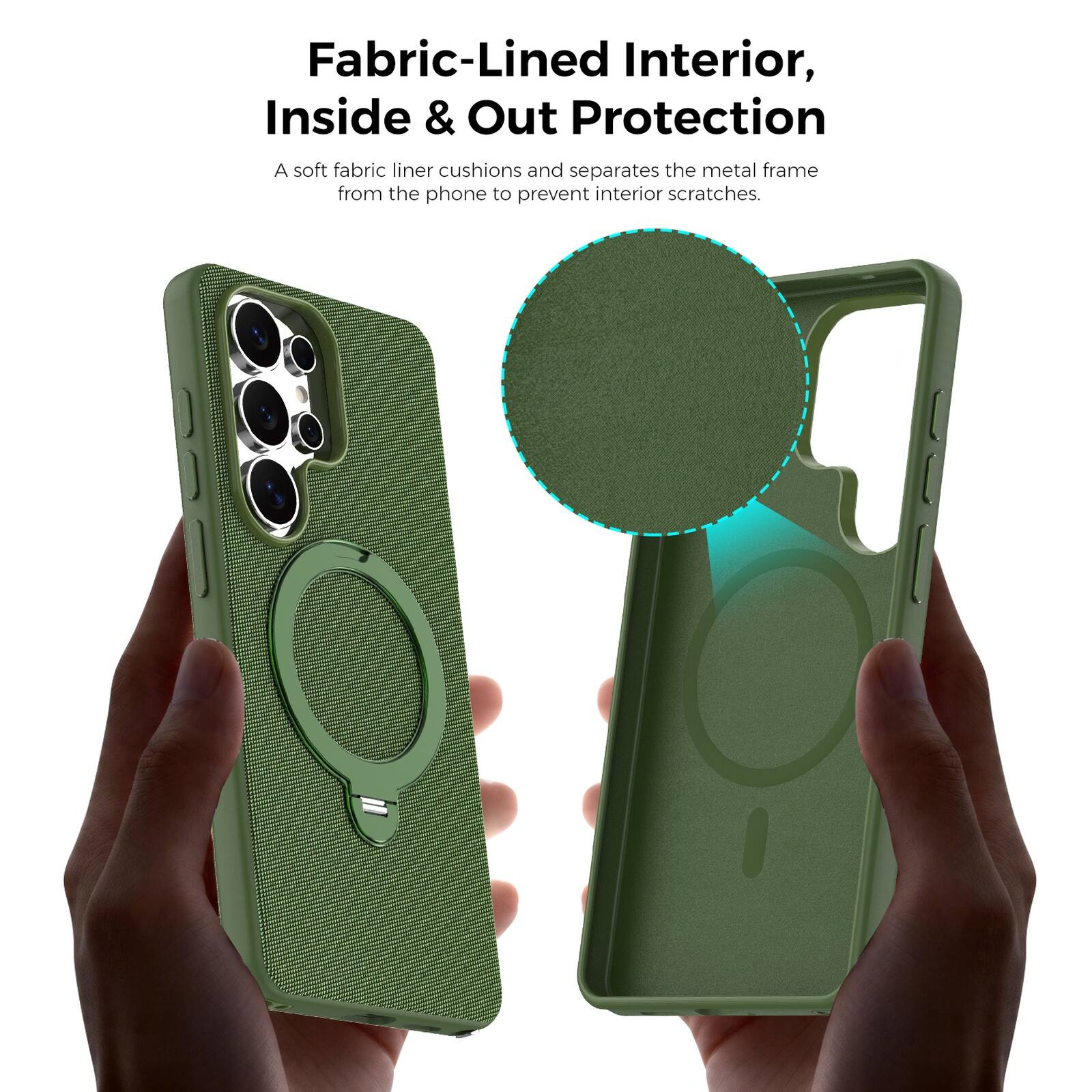 Fabric-Lined Interior, Inside & Out Protection  
A soft fabric liner cushions and separates the metal frame from the phone to prevent interior scratches.