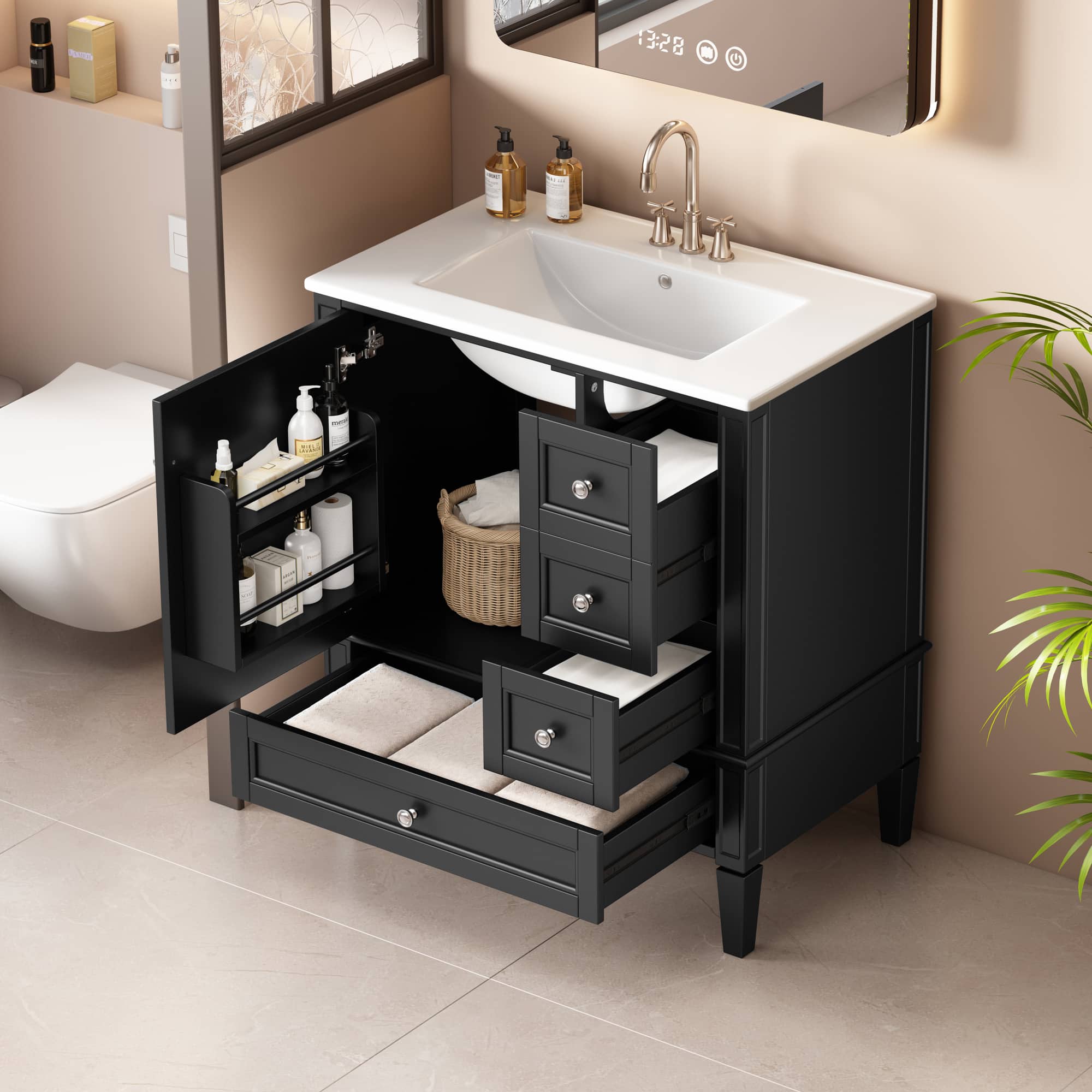 Tiramisubest - 30" Bathroom Vanity with Ceramic Sink, Bathroom with 3 Drawers, Solid Wood Frame Modern Bathroom Storage Cabinet - Black