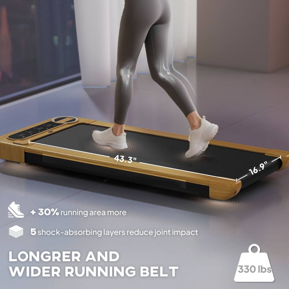43.3" x 16.9" + 30% running area more  
5 shock-absorbing layers reduce joint impact  
LONGER AND WIDER RUNNING BELT  
330 lbs