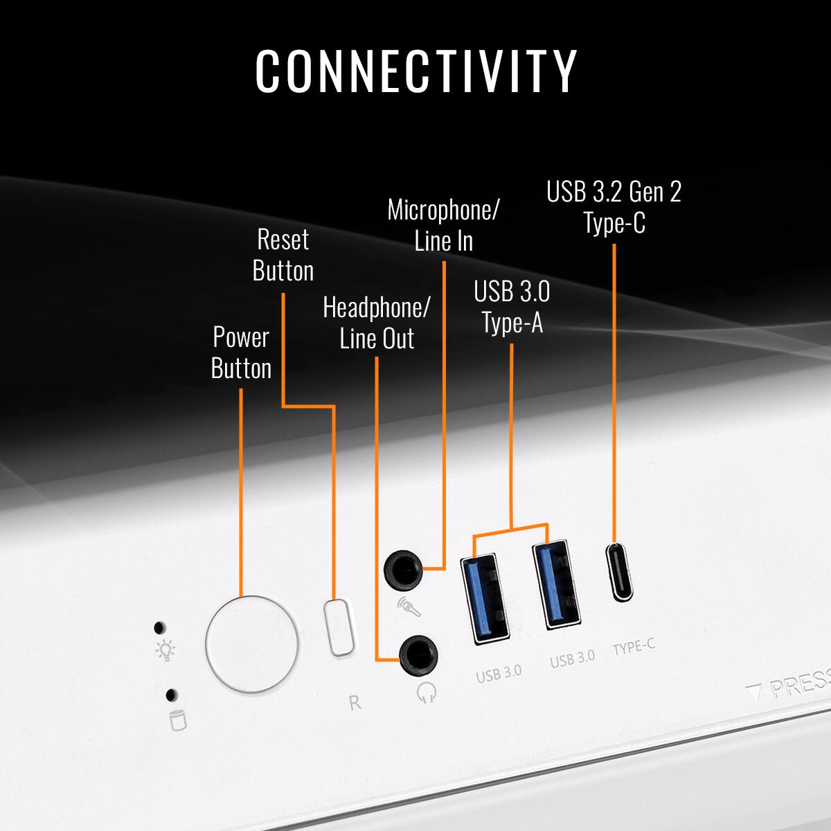 CONNECTIVITY

USB 3.2 Gen 2
Microphone/ Line In
Reset Button
USB 3.0
Headphone/ Line Out
Power Button
Type-A
R
USB 3.0
3.0 TYPE-C
7 PRES