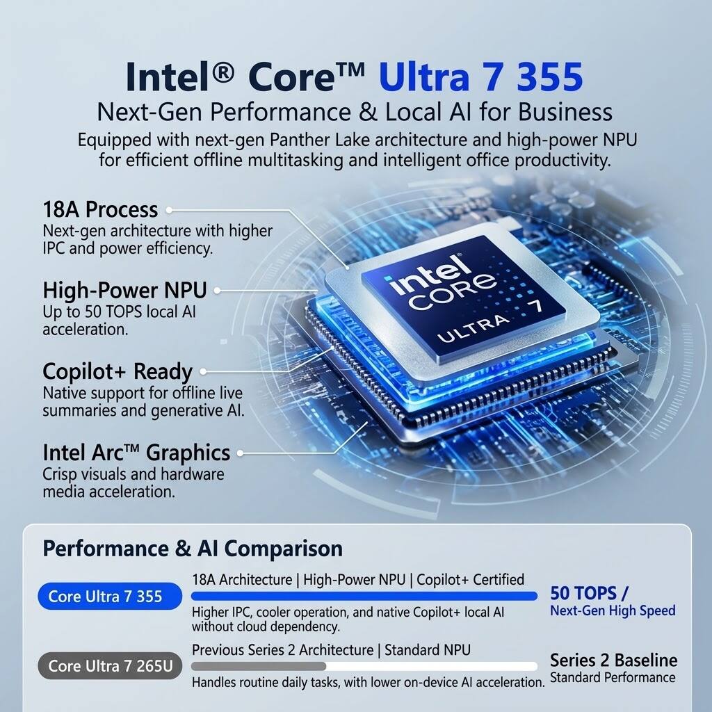 Intel Core Ultra 7 355  
Next-Gen Performance & Local AI for Business  
Equipped with next-gen Panther Lake architecture and high-power NPU for efficient offline multitasking and intelligent office productivity.

18A Process  
Next-gen architecture with higher IPC and power efficiency.

High-Power NPU  
Up to 50 TOPS local AI acceleration.

Copilot+ Ready  
Native support for offline live summaries and generative AI.

Intel Arc™ Graphics  
Crisp visuals and hardware media acceleration.

Performance & AI Comparison  
Core Ultra 7 355  
18A Architecture | High-Power NPU | Copilot+ Certified  
Higher IPC, cooler operation, and native Copilot+ local AI  
Next-Gen High Speed without cloud dependency.

Core Ultra 7 265U  
Previous Series 2 Architecture | Standard NPU  
Handles routine daily tasks, with lower on-device AI acceleration.  
Standard Performance