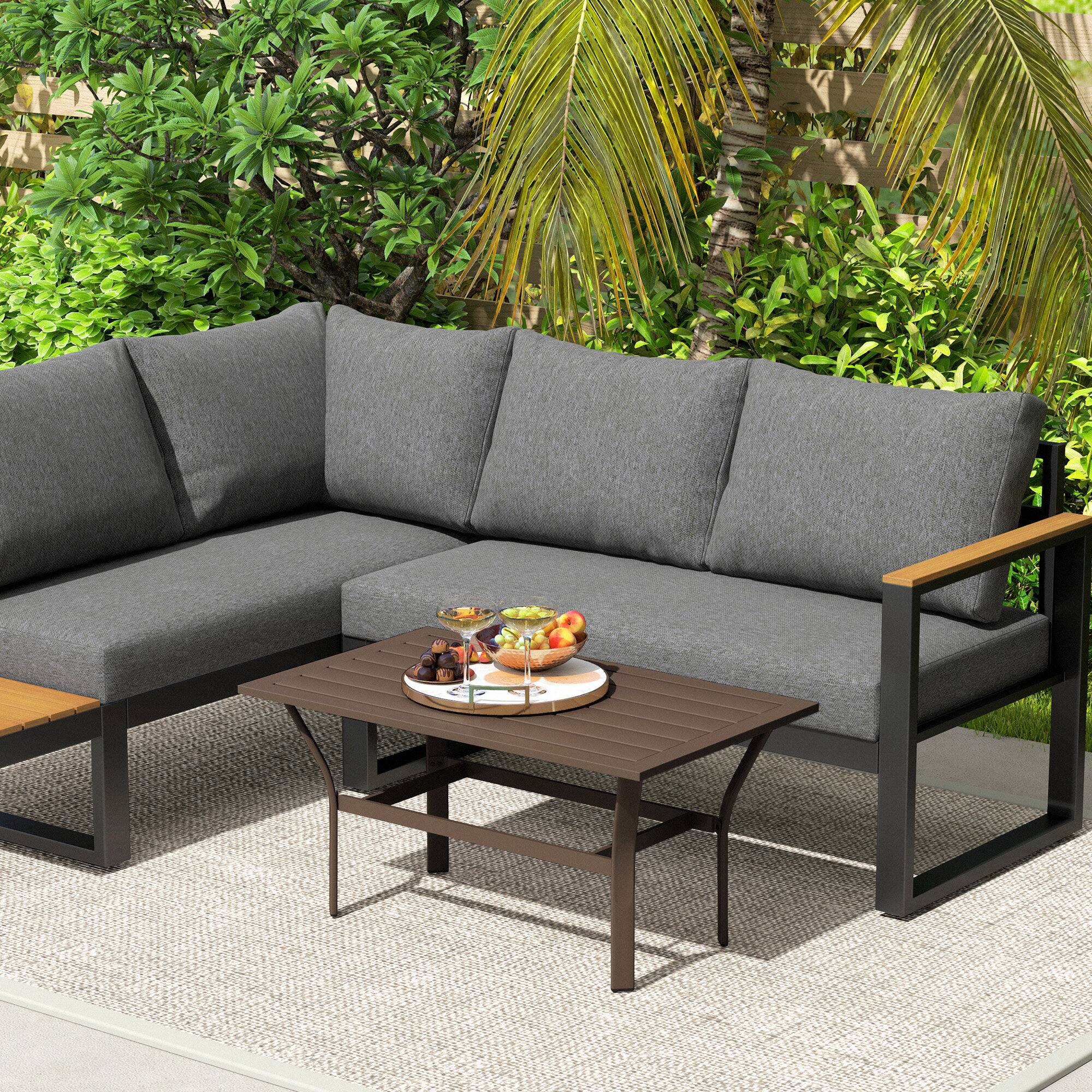 Alt View 8. Outsunny - Outdoor Coffee Table, All-Weather Rectangle Metal Patio Coffee Table with Slatted Tabletop for Outside - Brown.