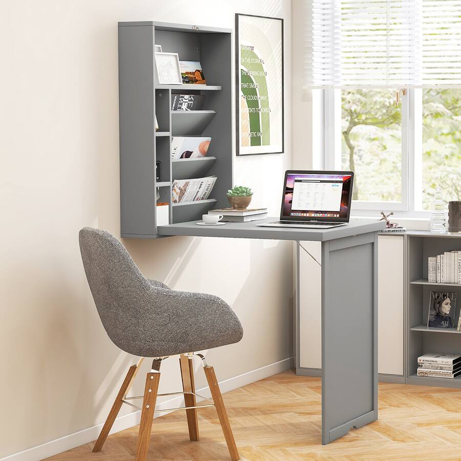 Costway Wall Mounted Computer Convertible Desk with Bookcases Gray ...