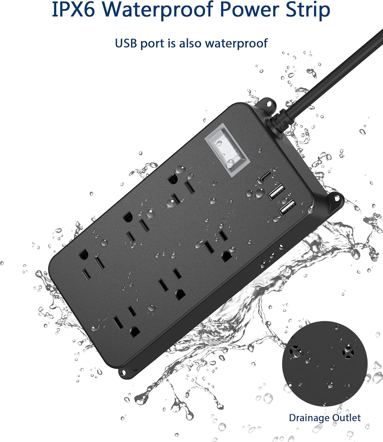 IPX6 Waterproof Power Strip  
USB port is also waterproof  
Drainage Outlet